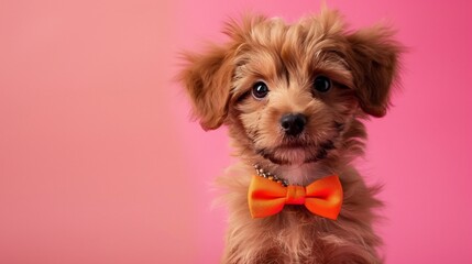An adorable brown puppy dog with floppy ears and soulful eyes, wearing a stylish orange bow tie necklace, posing against a cheerful pink background