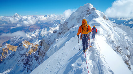 Naklejka na ściany i meble Peak Summit Climbing: Assisting a Partner to Conquer the Top