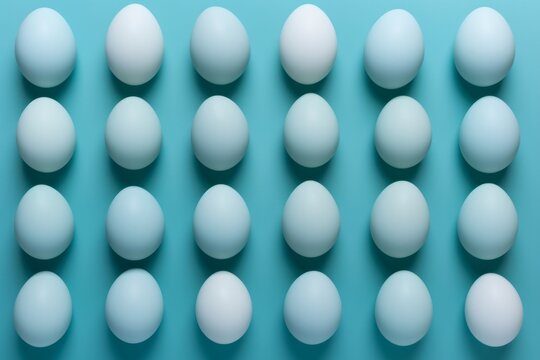 Creative layout made of eggs on blue background. Flat lay. Easter concept.