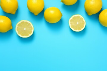 Whole and Halved Lemons on a Bright Blue Background. Flat lay. Summer concept