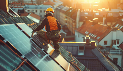 Fototapeta premium Man work on a solar panel. Generative AI