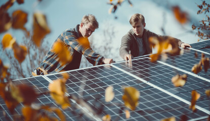 Two people work on a solar panel. Generative AI