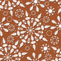 Seamless pattern with an original composition that imitates embroidery. White drawing on a brown background. Vector illustration