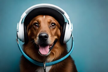 cute portrait of an adorable dog wearing a headset, studio background. High quality photo