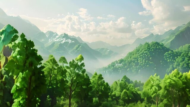 Green forest with mountains in the background