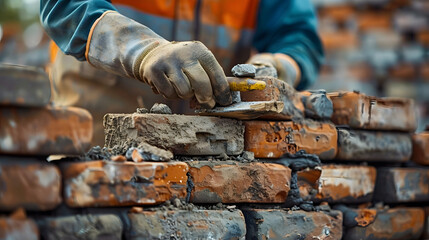 A bricklayer constructs a stone wall using wood, metal tools, and building materials like bricks and rocks. - obrazy, fototapety, plakaty