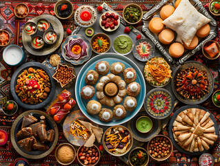 Traditional Ramadan Eid al-Fitr Sweets- Eid Mubarak Background with Assorted Middle Eastern Desserts