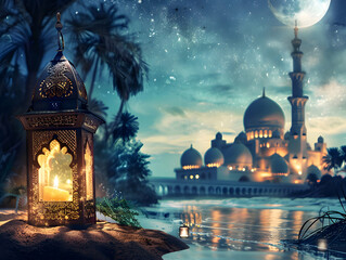 Arabic lantern and candles on the table with view of city mosque at sunset, ramadan and eid-al-fitr atmosphere. - obrazy, fototapety, plakaty