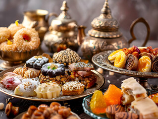 Traditional Ramadan Eid al-Fitr Sweets- Eid Mubarak Background with Assorted Middle Eastern Desserts