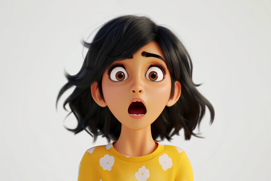 Surprised shocked scared Indian cartoon character young adult woman girl teen female person with open mouth and eyes in 3d style design on white background. Human people feelings expression concept