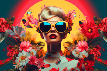 Modern painting in pop art style of young beautiful blonde woman in yellow sunglasses on bright colorful floral background. Contemporary trendy stylish drawing in bold hues - obrazy, fototapety, plakaty