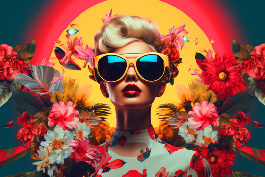 Modern painting in pop art style of young beautiful blonde woman in yellow sunglasses on bright colorful floral background. Contemporary trendy stylish drawing in bold hues