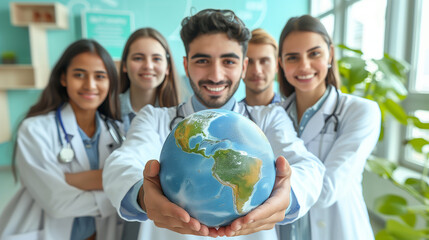 Planet Earth embraced by doctors, symbolizes the universal commitment to fostering healthy world