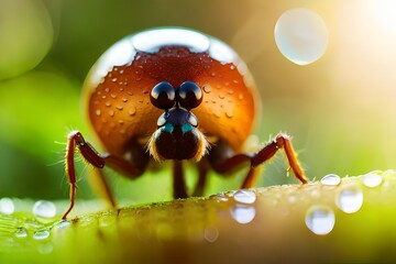 macro close up photography of forest ant, insect photography, blurred background, sun rays created with generative ai technology. High quality photo