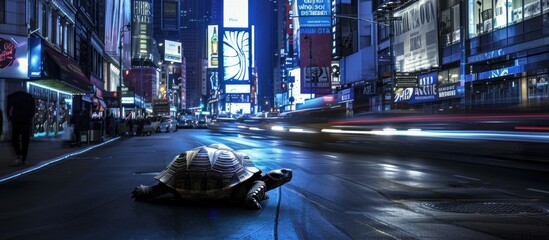 tortoise moves slowly in the city - obrazy, fototapety, plakaty