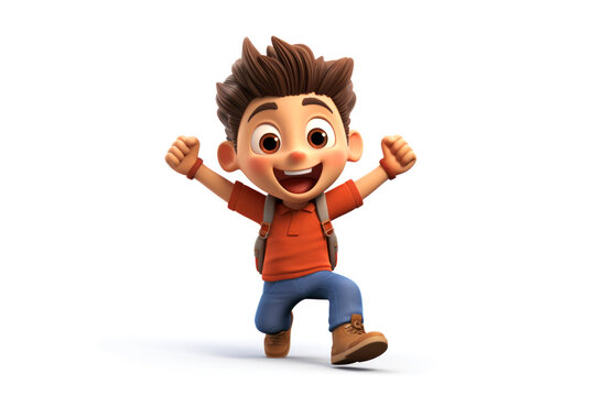 Happy smiling jumping exited hands up cartoon character boy kid child person in 3d style design on white background. Human people feelings expression concept