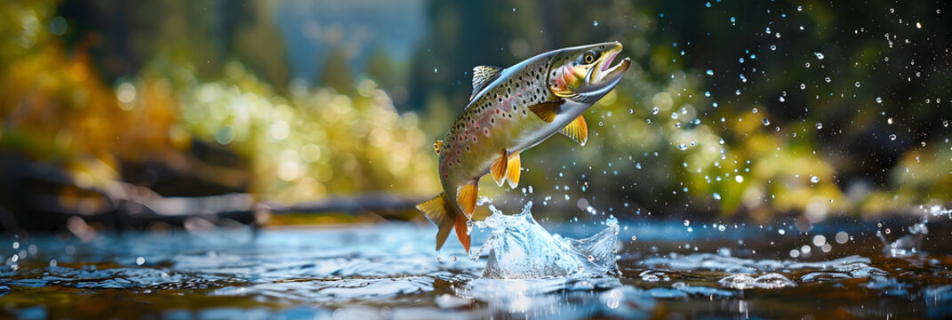 Rainbow trout jumping out of the water with a splash. Fish above water catching bait. Panoramic banner with copy space