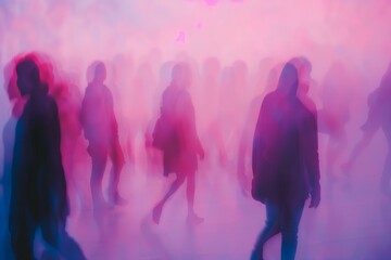 several people silhouettes soft focus background pastel pink and purple colors