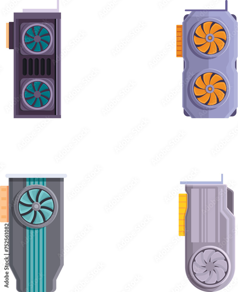 Poster gpu card icons set cartoon vector. computer graphic card with cooling fan. personal computer compone
