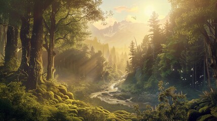 A breathtaking nature vista at sunrise, where the sun's golden rays pierce through a canopy of towering trees, casting dappled light onto a moss-covered forest floor - obrazy, fototapety, plakaty
