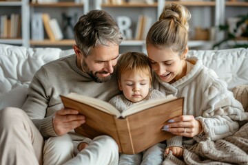Obraz premium Happy young family with children enjoying free time resting on couch at home. Parents and kids sitting on soft comfy sofa, reading book of fairy tales
