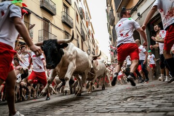 Fototapeta na wymiar People running from the bull during Encierro, San Fermin. Runners in Encierro. Bullfight Concept. Encierro. San Fermin concept with Copy Space.