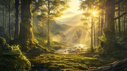 A breathtaking nature vista at sunrise, where the sun's golden rays pierce through a canopy of towering trees, casting dappled light onto a moss-covered forest floor