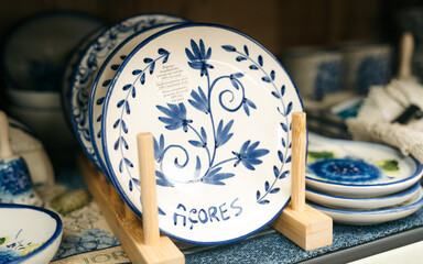 Ponta Delgada, Azores, Portugal.  - 19.2.2024: A souvenir shop where you can find typical products...