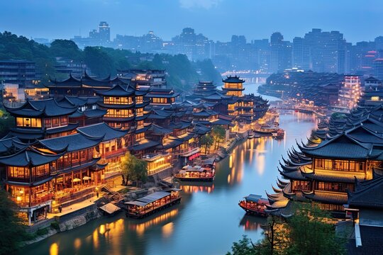 Twilight at Guiyang's Jiaxiu Tower. Breathtaking View of City Skyline and River 