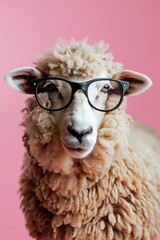 sheep with eye glasses on a pink background