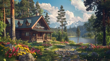 A charming Canadian log cabin nestled in a dense forest, its exterior adorned with colorful flowers...