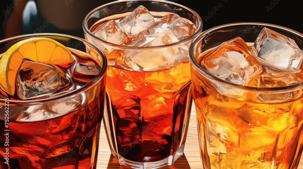 Poster three glasses filled with different types of drinks. suitable for beverage concept