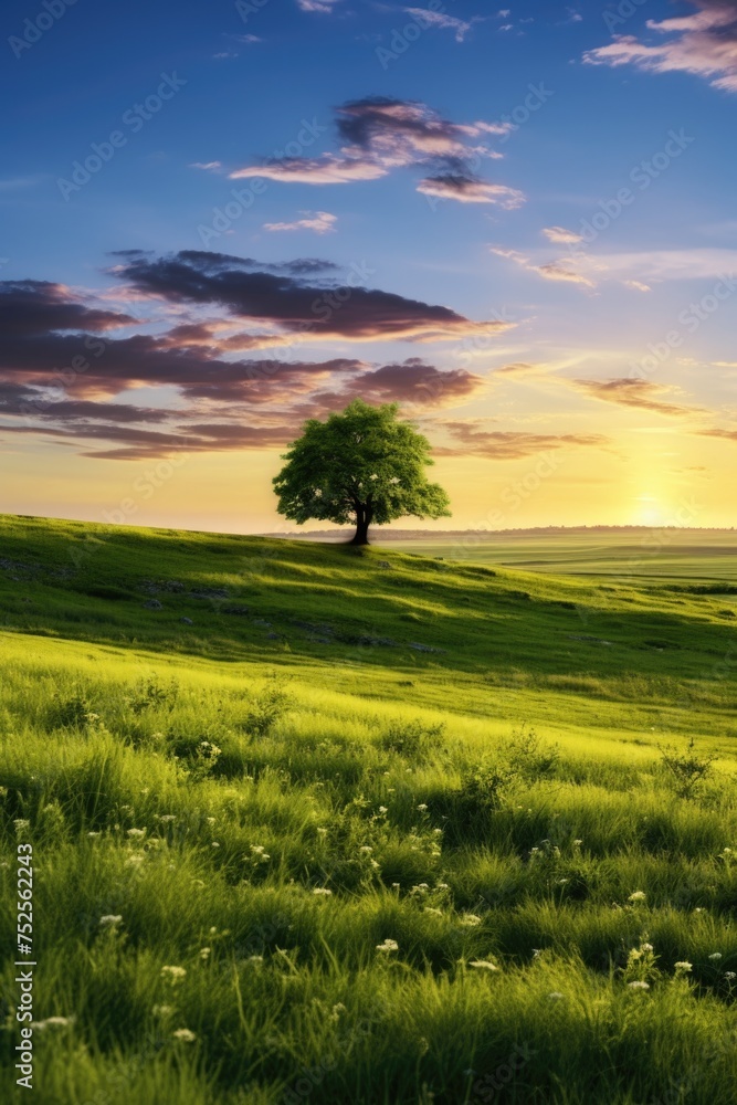 Poster a serene image of a lone tree in a grassy field at sunset. suitable for nature and landscape themes