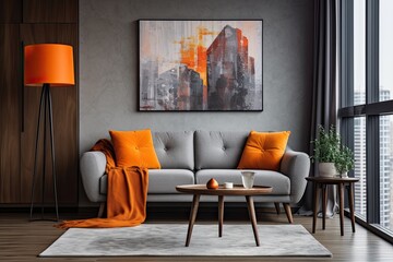 Modern Apartment Interior with Grey Sofa, Wooden Table, and Orange Blanket. Real Photo of a Stylish