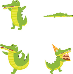 Cartoon crocodile icons set cartoon vector. Green funny crocodile. Cute alligator, predator
