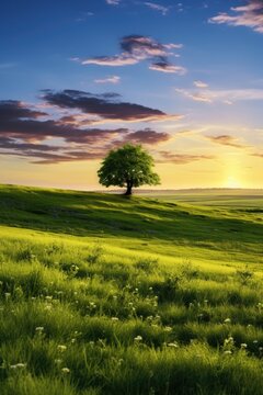 A serene image of a lone tree in a grassy field at sunset. Suitable for nature and landscape themes