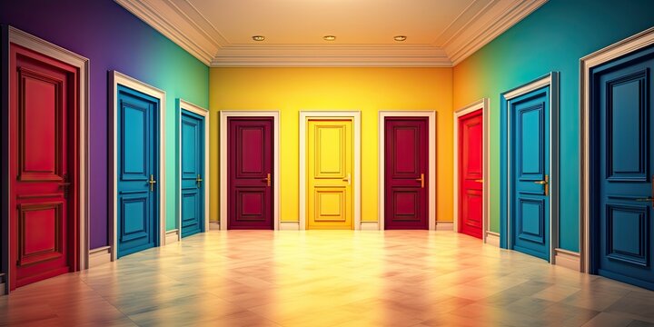 Indoor Room Filled with Many Colorful Doors. The Dilemma of Choosing and Deciding