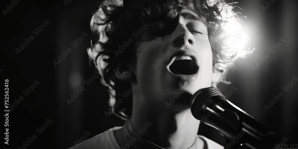 Aufkleber a boy singing into a microphone in a dimly lit room. suitable for music-related projects