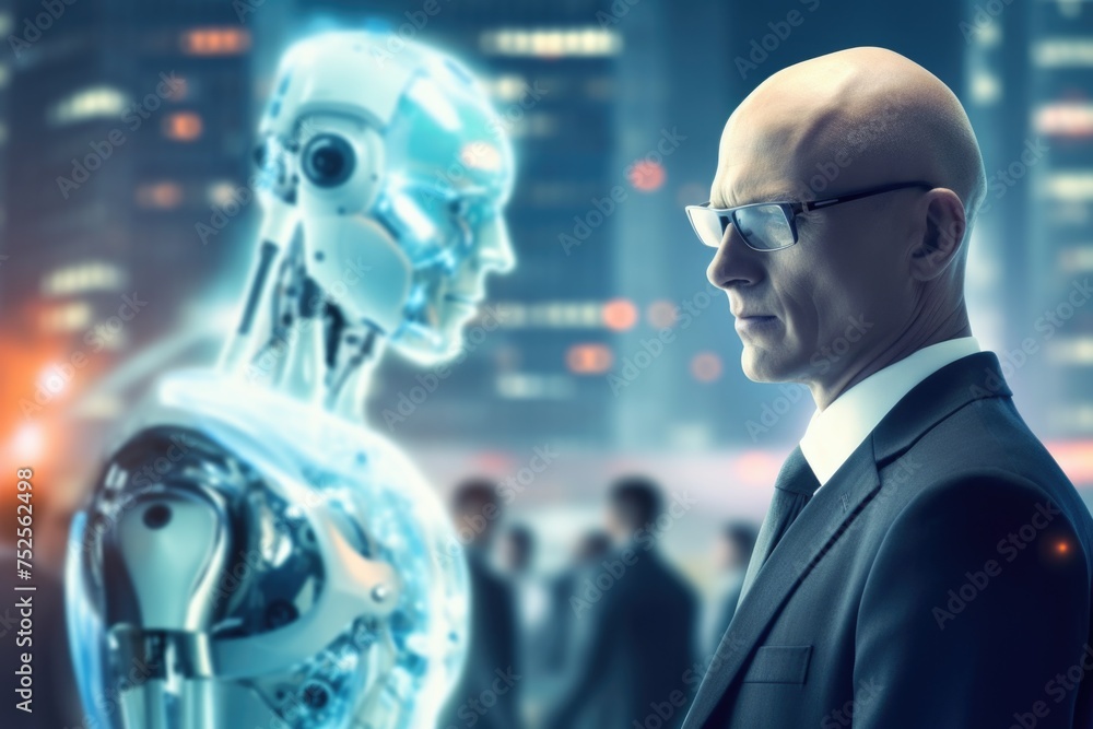 Poster A man in a suit standing next to a robot. Suitable for technology and innovation concepts