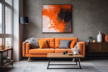 Modern Apartment Interior with Grey Sofa, Wooden Table, and Orange Blanket. Real Photo
