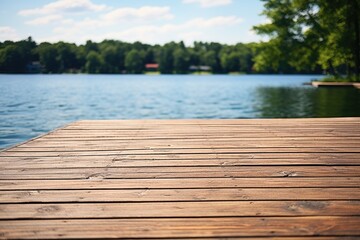 Fototapeta premium Peaceful wooden dock on a serene lake, perfect for nature lovers and travel enthusiasts