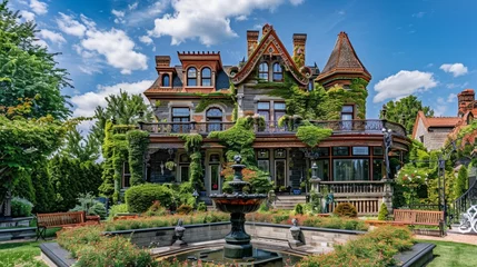 Schilderijen op glas A majestic Canadian Victorian house with a grand exterior featuring intricate architectural details, adorned with vibrant climbing ivy and flowering vines © malik