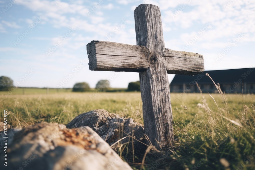Aufkleber wooden cross standing in a peaceful grassy field with a rustic barn in the background. suitable for 