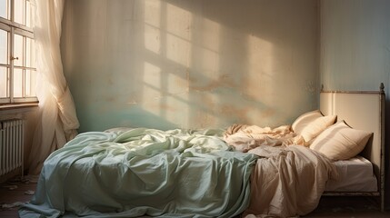 Beautiful Bedspread in Morning Light. Comfortable and Cozy Bedding with Home Linen Interior - obrazy, fototapety, plakaty