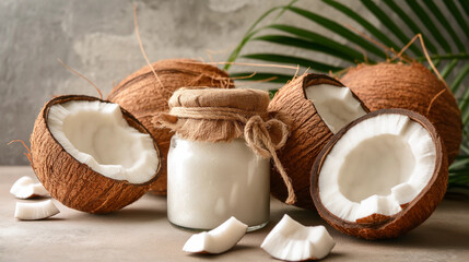 Fototapeta na wymiar Coconuts and jar of coconut oil.