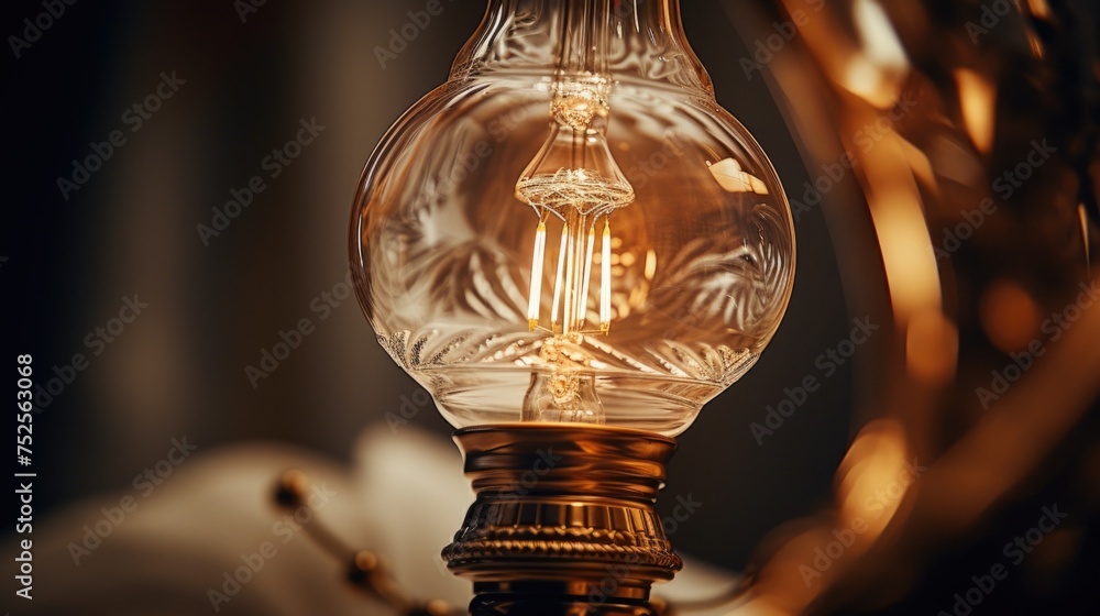 Poster close up of a light bulb on a table, suitable for business or idea concepts