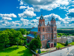 Turgeliai Church of the Assumption of the Blessed Virgin Mary in VIlnius county. Aerial view...