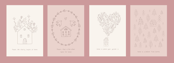 set of cute cards banners with quotes about home
