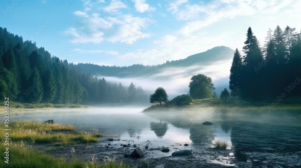 Poster serene misty lake with trees in the background. ideal for nature and landscape themes