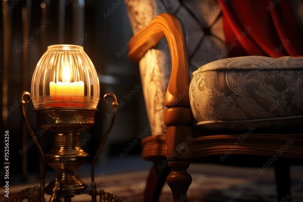 Poster A lit candle on a table, suitable for various concepts